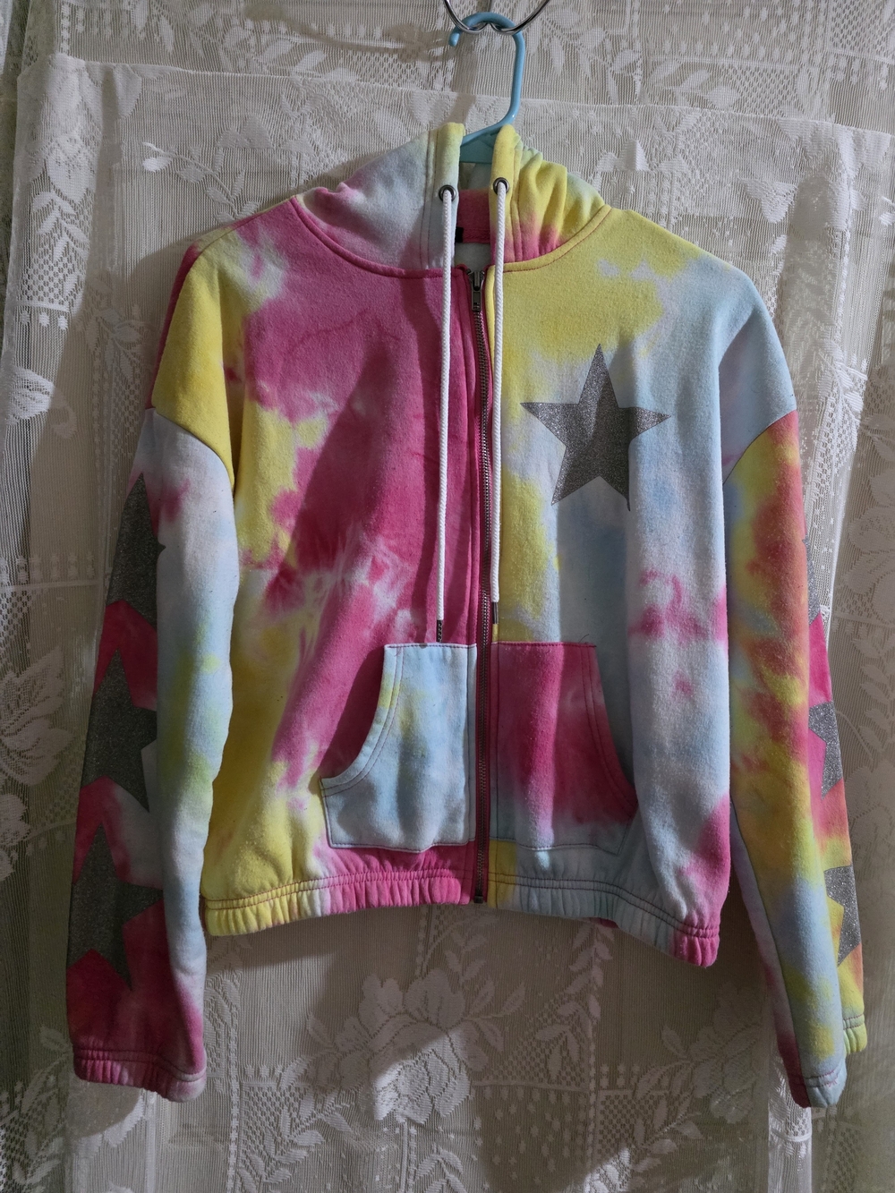 Women's Multicolor Tie-Dye Zip Hoodie with Star Accents